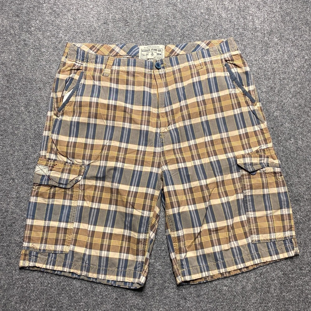 Nautica Jeans Co. Cargo Shorts Mens 38 Brown Blue Plaid NJ-99 Cotton Relaxed Fit
